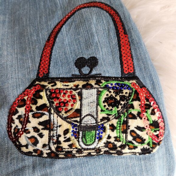 Vintage Y2K Denim Maxi Skirt Appliqué Patchwork Purse Leopard Long‎ Sz 30 - Picture 3 of 15